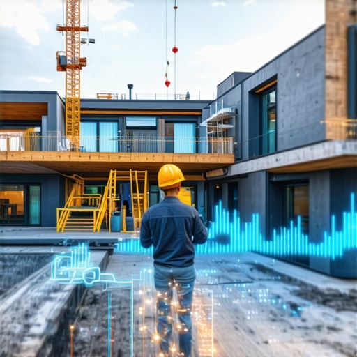 Futuristic construction site with digital data overlays and AI tools in use