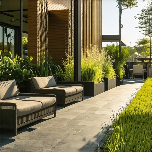 A modern backyard patio featuring drought-tolerant landscaping, shading pergola, and permeable paving, demonstrating climate resilience