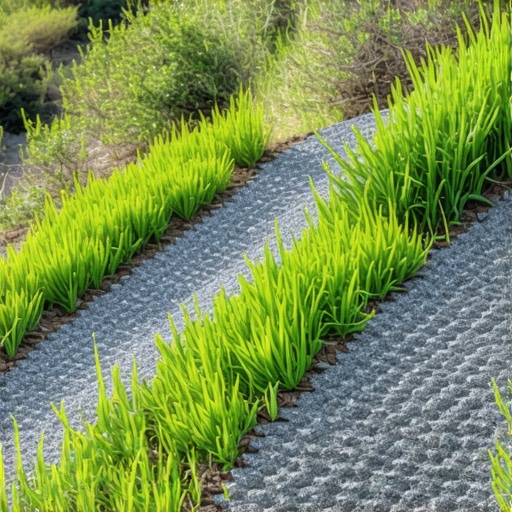 Detailed view of geosynthetic fabric and soil stabilization on a hillside slope.