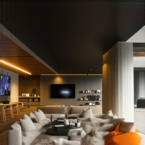 Open-plan living space showcasing adaptable furniture and smart home devices