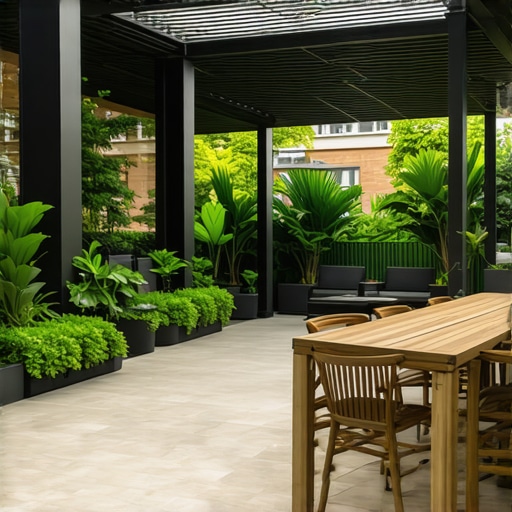 Contemporary patio with green roof, water features, and climate-responsive architecture