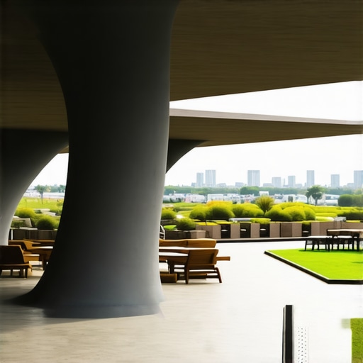 An outdoor patio showcasing adaptive shading and green roofing technologies