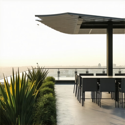 A sleek rooftop patio with reflective roofing, native greenery, solar panels, and stylish shading elements