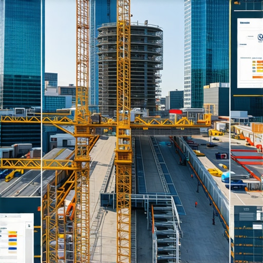 Visualization of a construction site integrated with a digital twin overlay illustrating real-time project analytics.