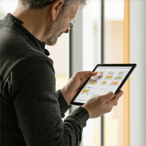 A homeowner reviewing 3D renovation plans on a tablet.