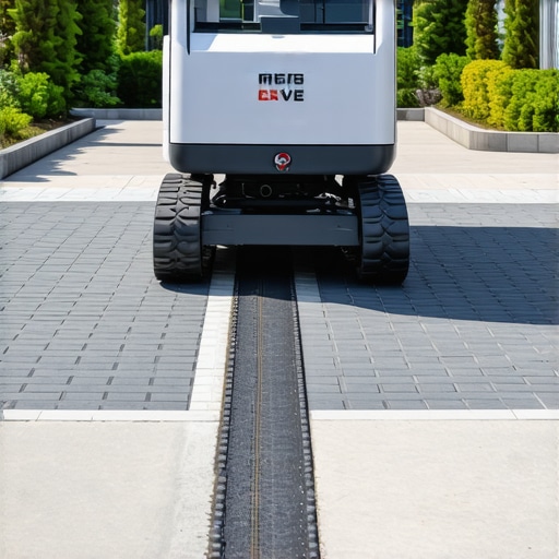 Robotic paving machine installing permeable pavers equipped with sensors in a landscaped environment.