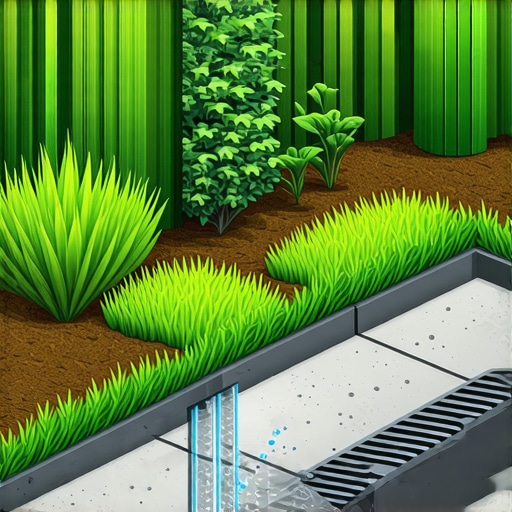 Diagram of an advanced patio drainage setup with bioretention features, sensors, and lush green plants.