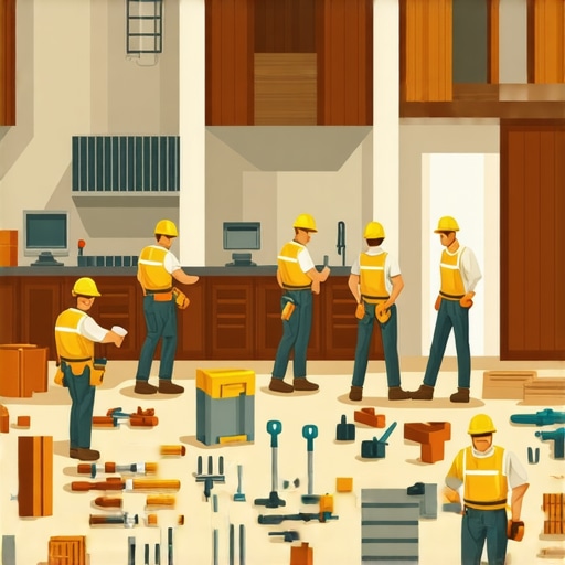 Illustration showing steps of home renovation with workers, materials, and tools