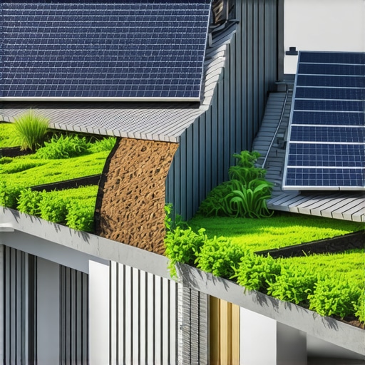 Diagram showing layered modern sustainable roof with solar panels and green roofing elements