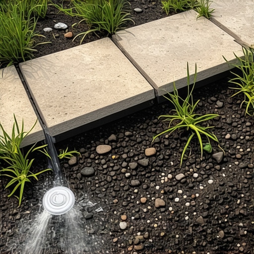 Illustration of IoT-enabled drainage system with sensors monitoring water flow and soil moisture in patio