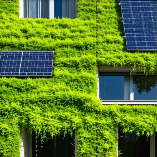 Sustainable Modern Roof Design with Solar and Green Roof Contemporary building with green roof and solar panels demonstrating sustainability.