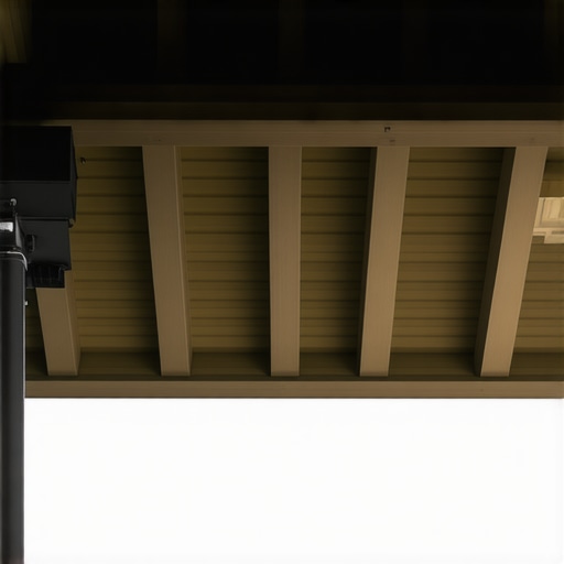 Close-up of a smart gutter system with sensors and rain diverters in a modern home