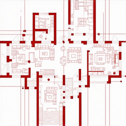 Modern custom home floor plan with red-line flow analysis.